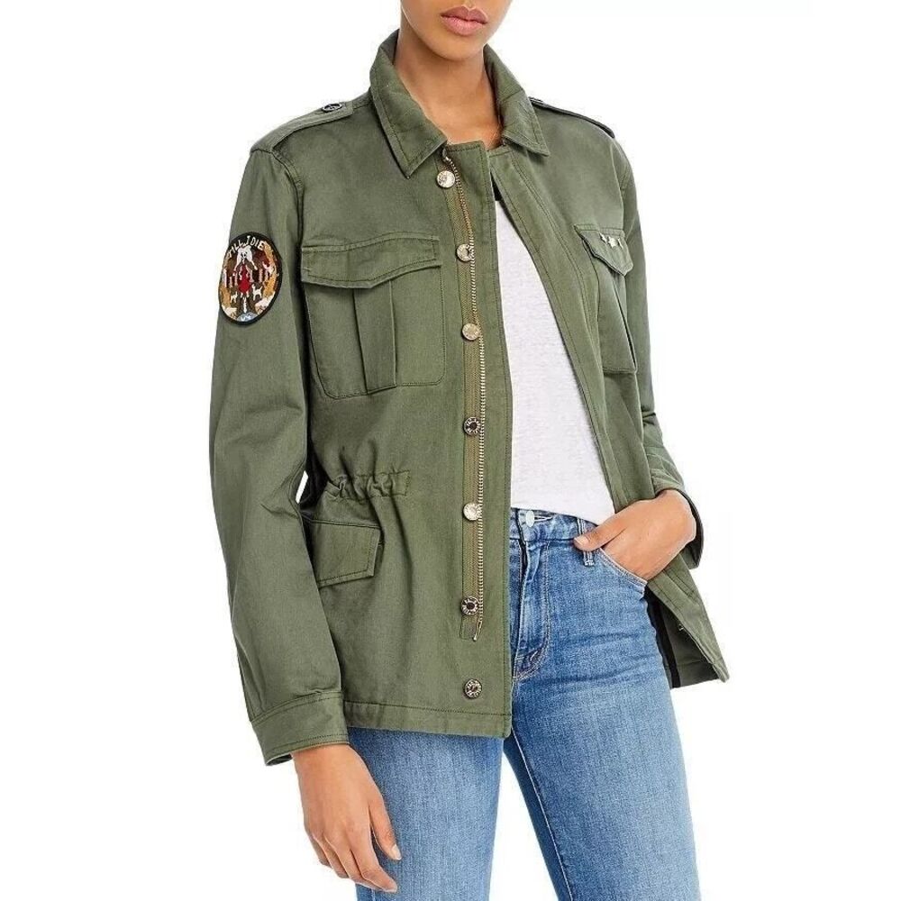 Zadig & Voltaire NWT Kayak Butterfly Gold Foil Green Military Cotton Jacket EU34